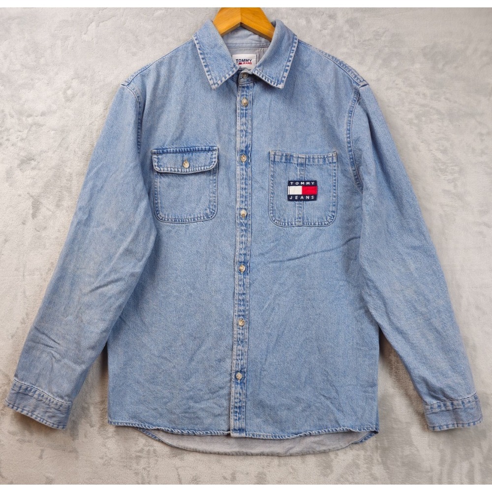 VINTAGE Tommy Hilfiger Denim Jean Shirt Men Large Long Sleeve Pocket 90s